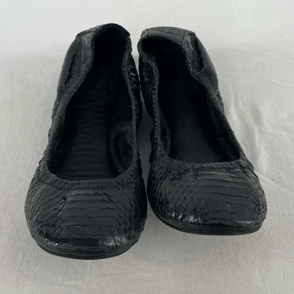 Tory Burch Snakeskin Embossed Leather Ballet Slipper Flat in Black Size‎ 7